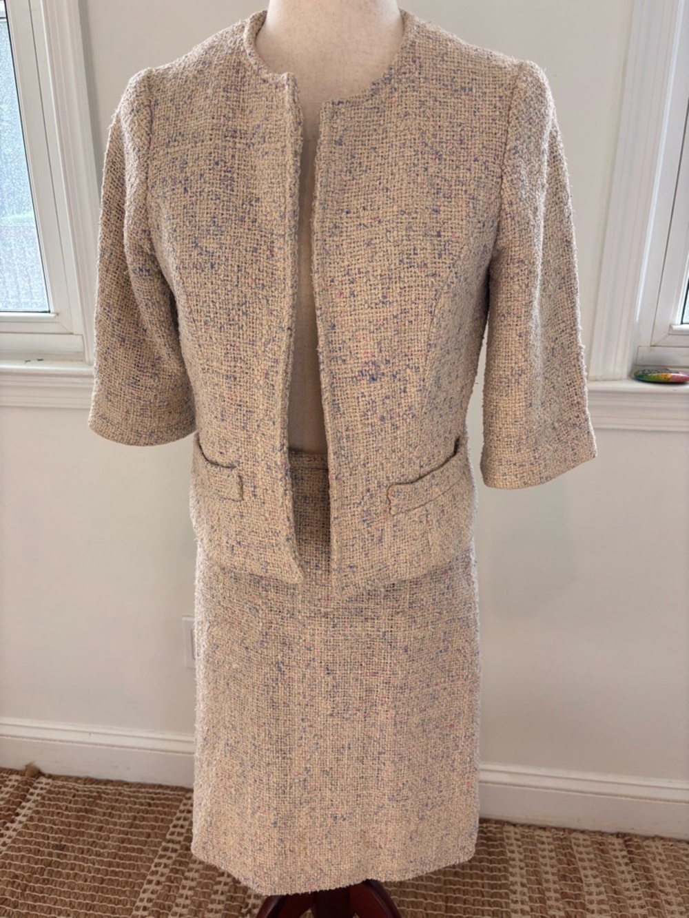 Tocca Tweedy Silk Skirt Set 3/4 Sleeve Pink Purple Cream 4